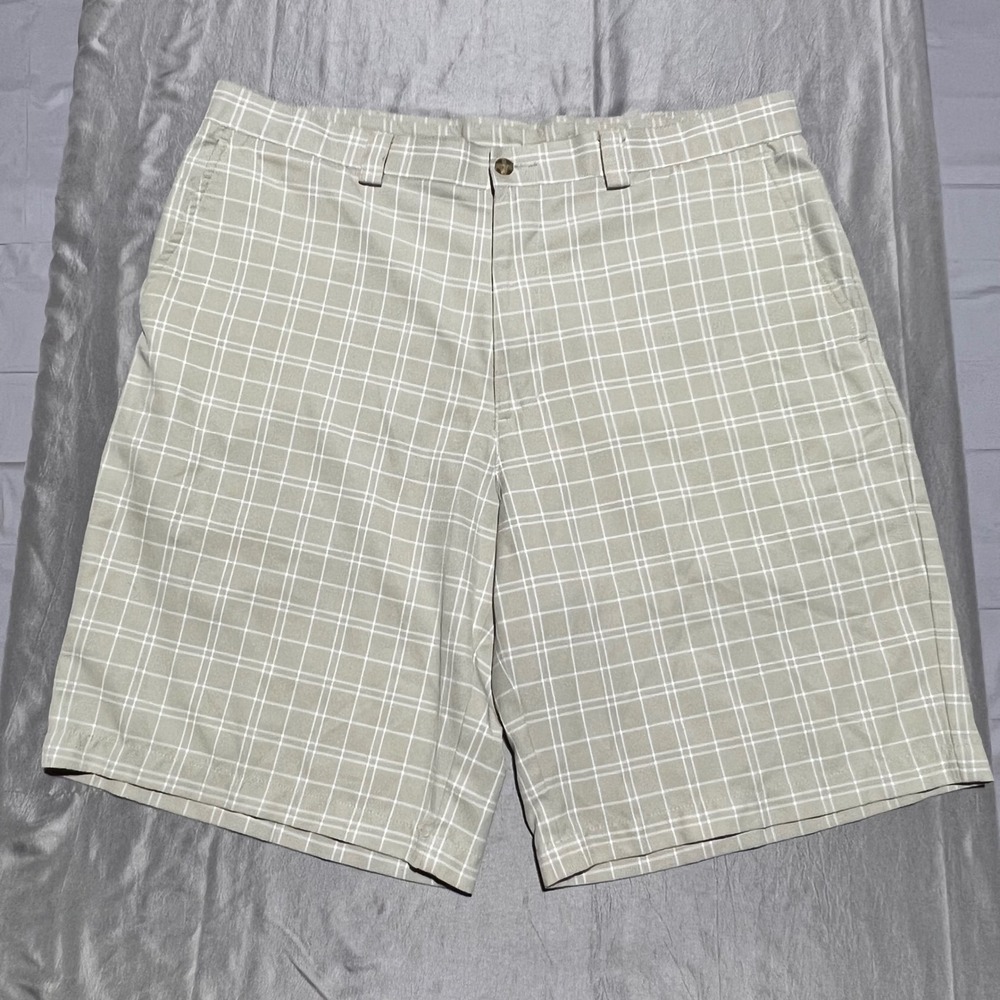 Pro Tour Mens Khaki Windowpane Plaid Golf Shorts Size 38 Tan White Performance